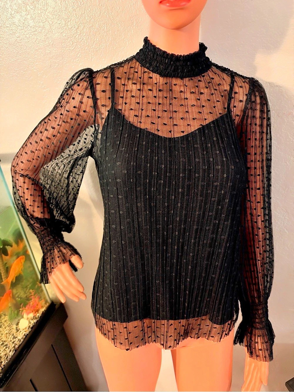 Express Sheer Dot Mock Neck Smocked Cuff Top Black Polka Dot Sheer Blouse Size